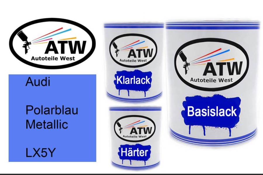 Audi, Polarblau Metallic, LX5Y: 1L Lackdose + 1L Klarlack + 500ml Härter - Set, von ATW Autoteile West.